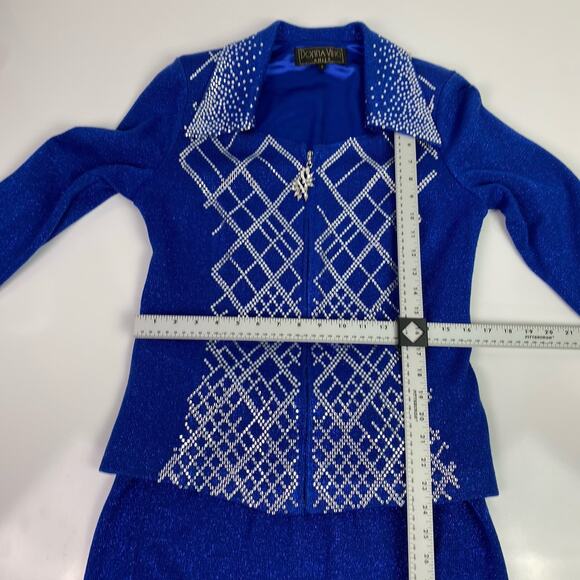 STUNNING rhinestone Donna Vinci Knits Church Skirt Suit 8 Blue Wool Blend Jewels - Picture 12 of 16